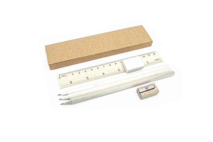 Krabička psacích potřeb - 3x tužka, pravítko, ořezávátko, guma